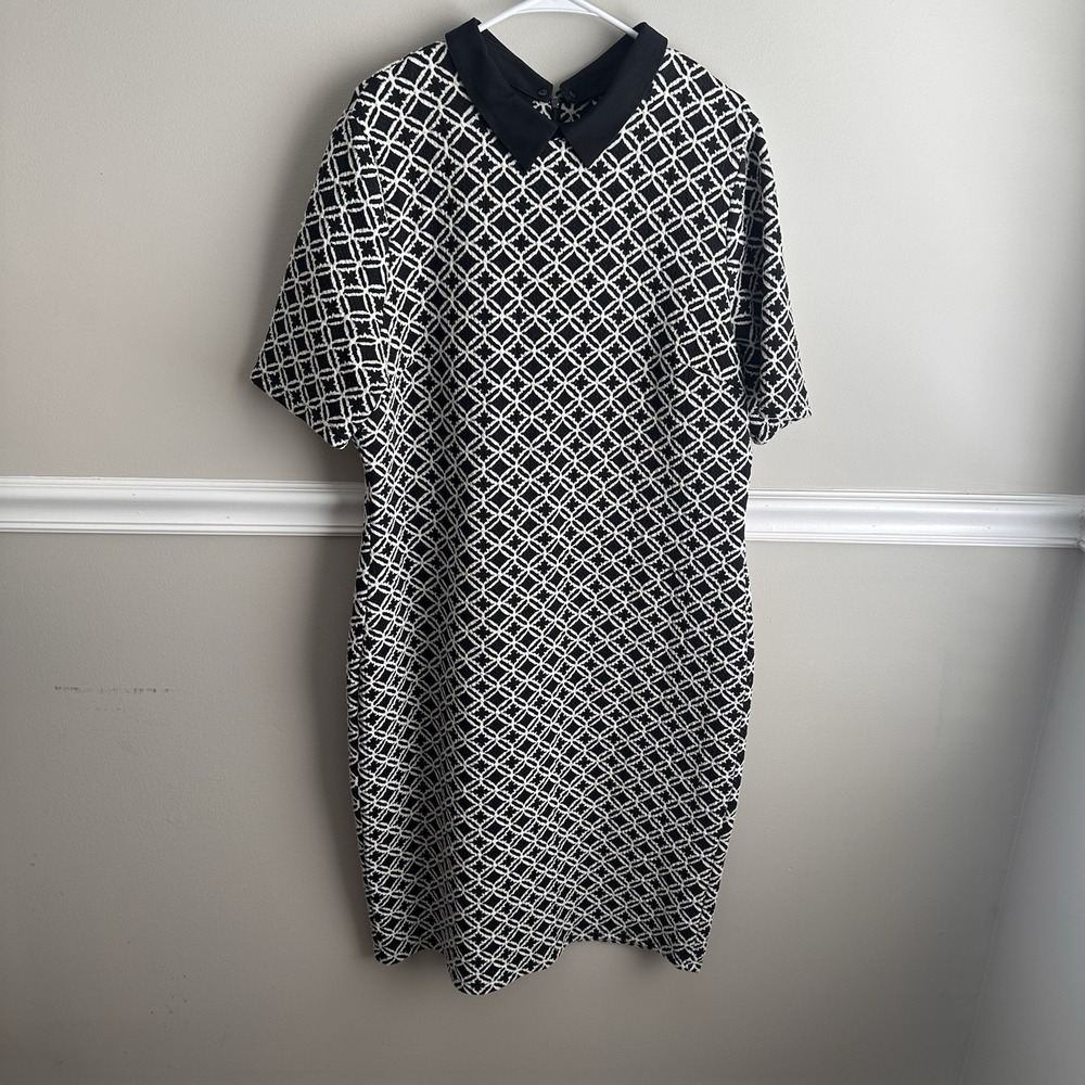 Long Tall Sally Black White Geometric Sheath Dress US 18 Textured Office Stretch